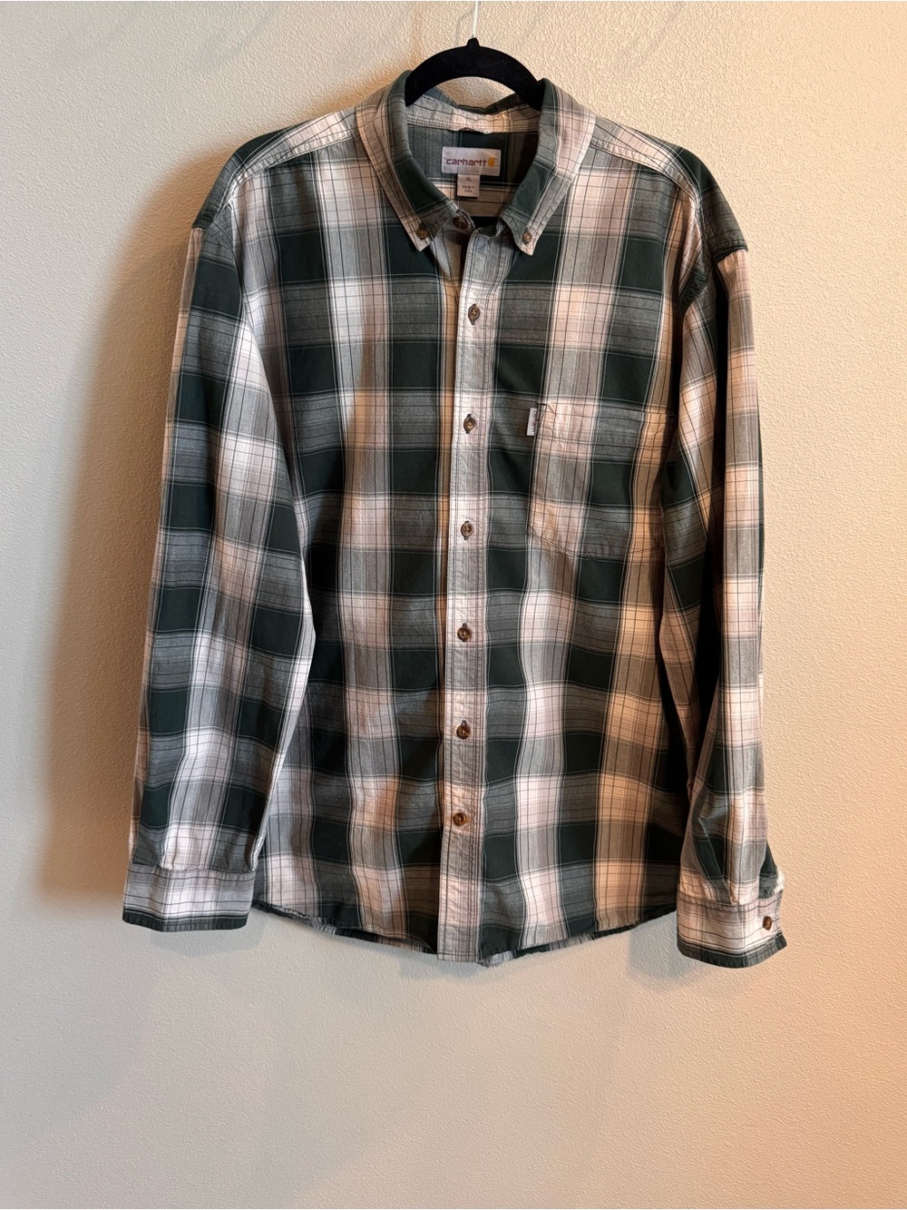 Carhartt Dark Green and Cream Plaid Button-Up Shirt